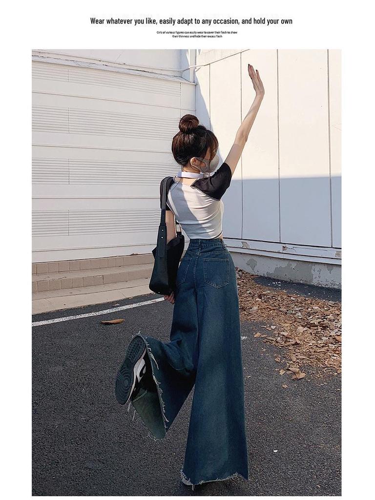 Plus Size Retro Frayed Wide-Leg Denim Skirt for Pear-Shaped Women - High Waist, Slimming Flared Design for Spring and Autumn.