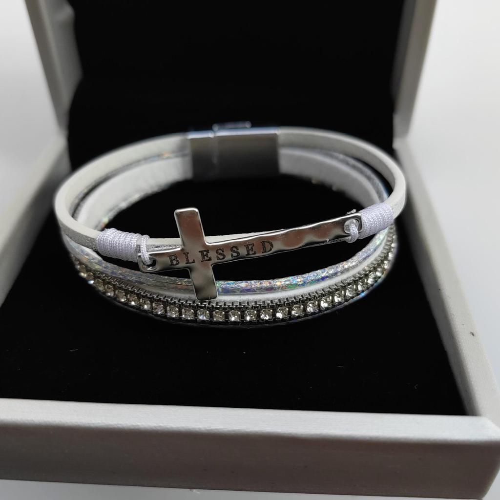 Bohemian Multi-Layer Leather Cross Bracelet with Rhinestones for Women