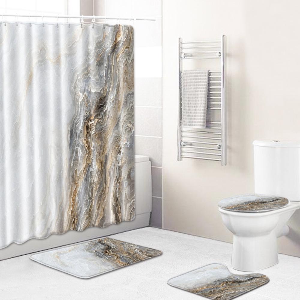 Retro Geometric Bathroom Four-Piece Waterproof Shower Curtain Bedroom Non-Slip Carpet Floor Mat Door Mat