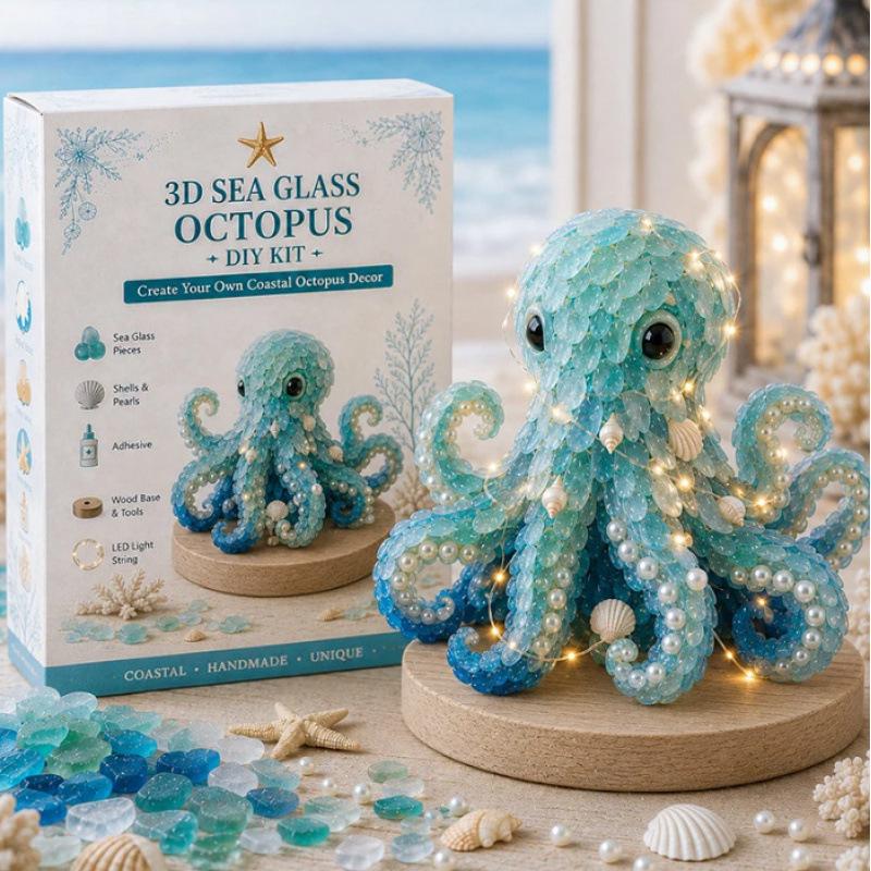Sea Glass Christmas Tree 3D Glowing Handmade Art Set Octopus