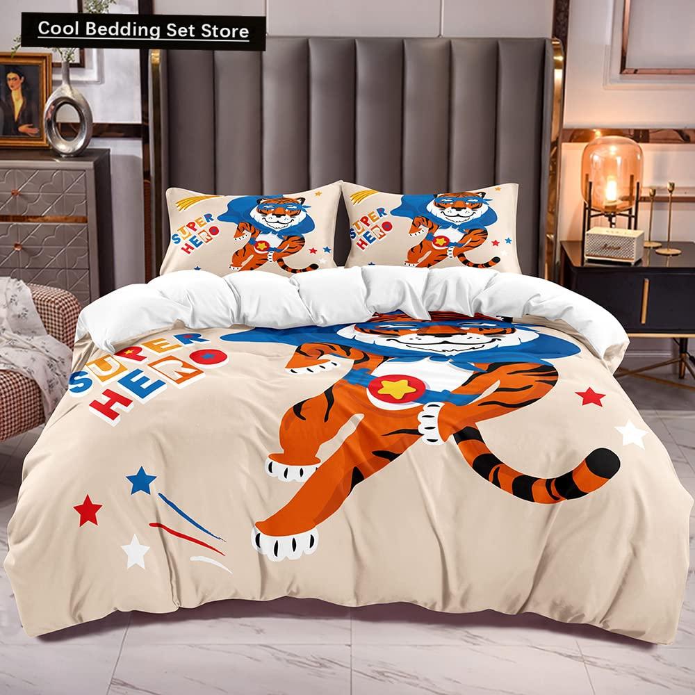 Cartoon Tiger Duvet Cover King Queen Animal Forest Theme Bedding Set for Kids Boys Girls Jungle Wildlife Polyester Quilt Cover