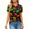 Women's Fashion Casual Button Front Short Sleeve Halloween Print Polo Shirt with Side Slits Lightweight Breathable Top