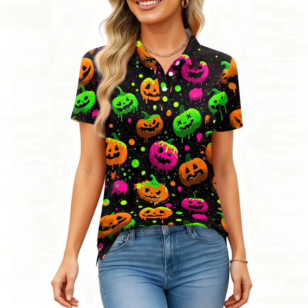 Women's Fashion Casual Button Front Short Sleeve Halloween Print Polo Shirt with Side Slits Lightweight Breathable Top