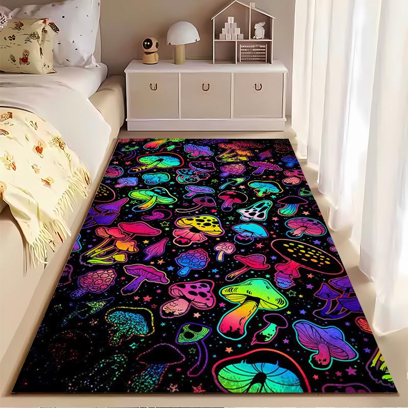 Colorful Neon Mushroom Pattern Rug - Non-slip rug suitable for living room and bedroom sofas.
