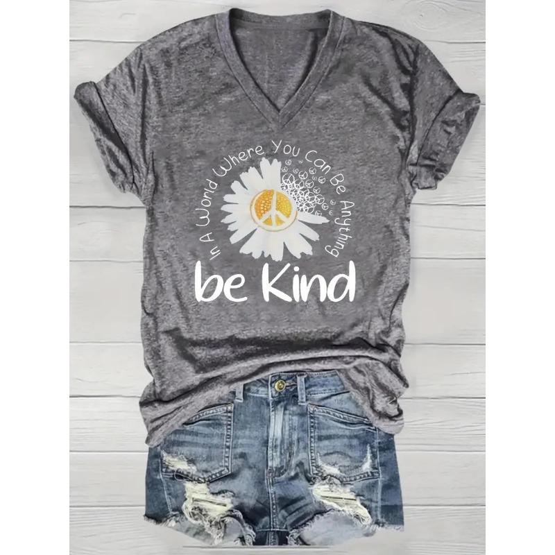 Summer V-neck 3D Flower Pattern Printed Top Fashionable Casual Short Sleeved Women's T-shirts