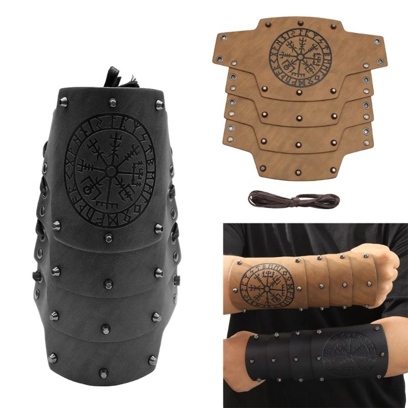 Medieval Wristband Men Cosplay Totems Embossed Bracer Gauntlet for Men Cosplay Leather Wristband for Photoshoots and Stage