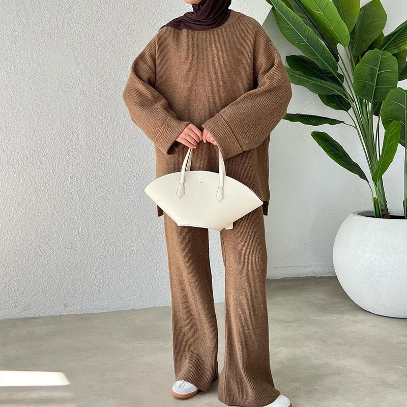 Women Casual Solid Color Knit Sweater Two Piece Set Autumn Winter Thick Round Neck Loose Pullover Wide Leg Pants Matching Sets