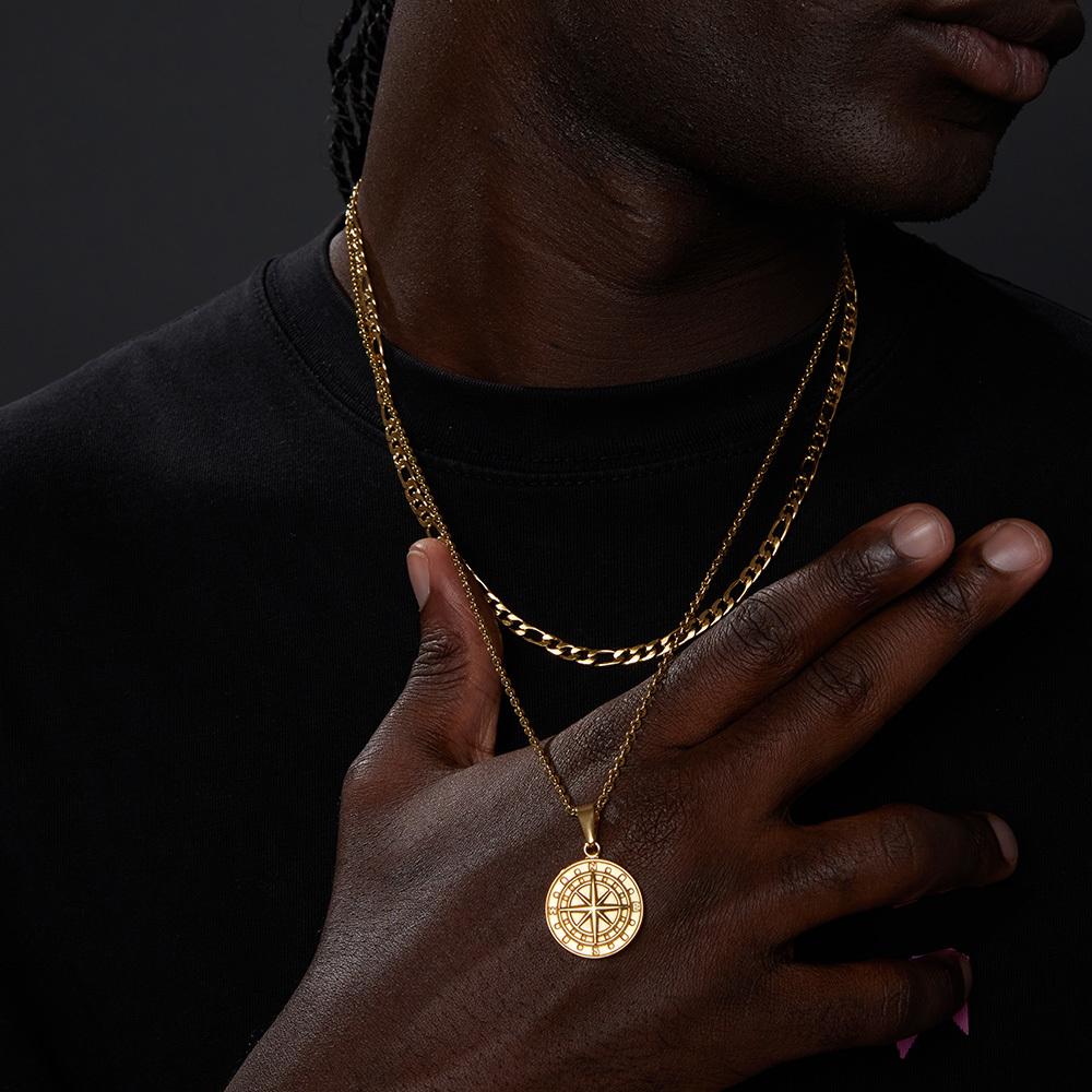 Ανδρικά κολιέ με στρώματα Vnox, μενταγιόν πυξίδας ταξιδιού ιστιοπλοΐας, αλυσίδα σίτου Figaro από ανοξείδωτο ατσάλι, περιστασιακό ρετρό γιακά