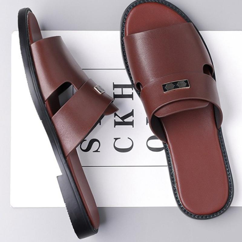 Pantoufles pour Hommes Pantoufles en Cuir de Luxe Été Nouvelles Pantoufles à Bout Ouvert pour Hommes Sandales Plates Décontractées Grande Taille 48 Chanclas Hombre