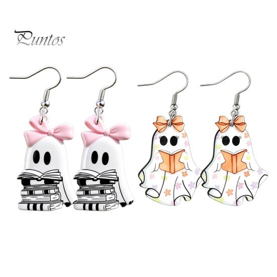 Cute Halloween Jewelry Reading Ghost Earrings, Sweet Bowknot Drop Lightweight Acrylic Earrings for Women Girls