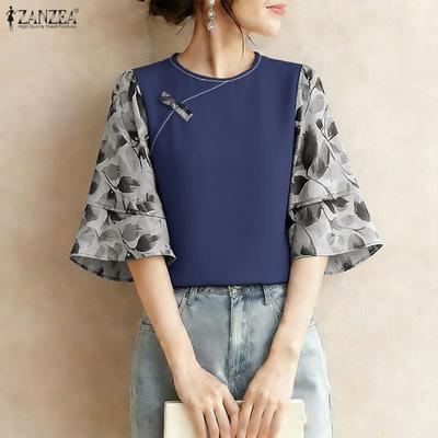 Women Casual Round Neck 3/4 Sleeve Loose Splice Blouse