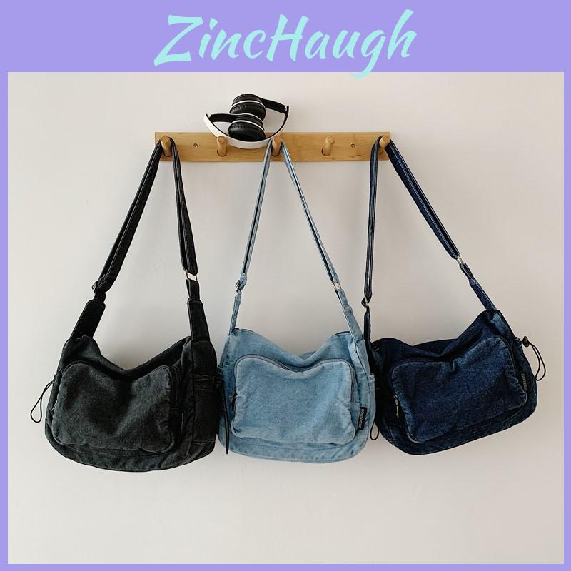 Minimally Drawstring Design Multiple Pockets Women Casual Shoulder Denim Bag For Commuting