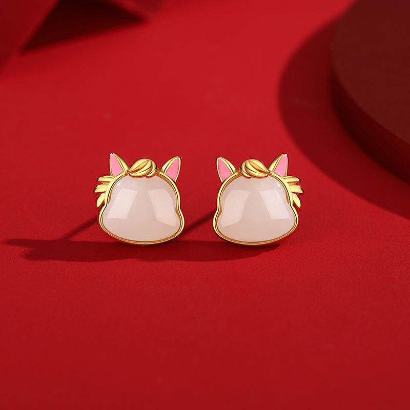 Tichia Hetian Jade Zodiac Horse Stud Earrings for Women – S925 Sterling Silver, Chinese Style 925 Silver