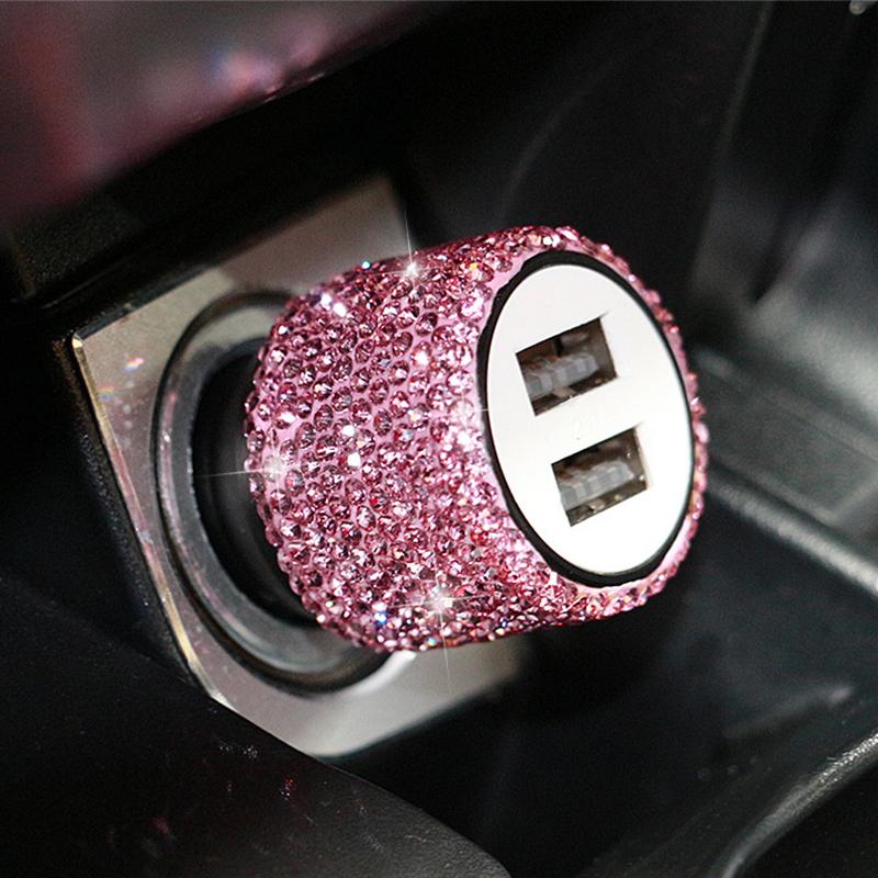 Bling Crystal 12V Car Charger Dual Port Fast Adapter Car Cigarette Lighter Extension Cord Car Accessories Interior