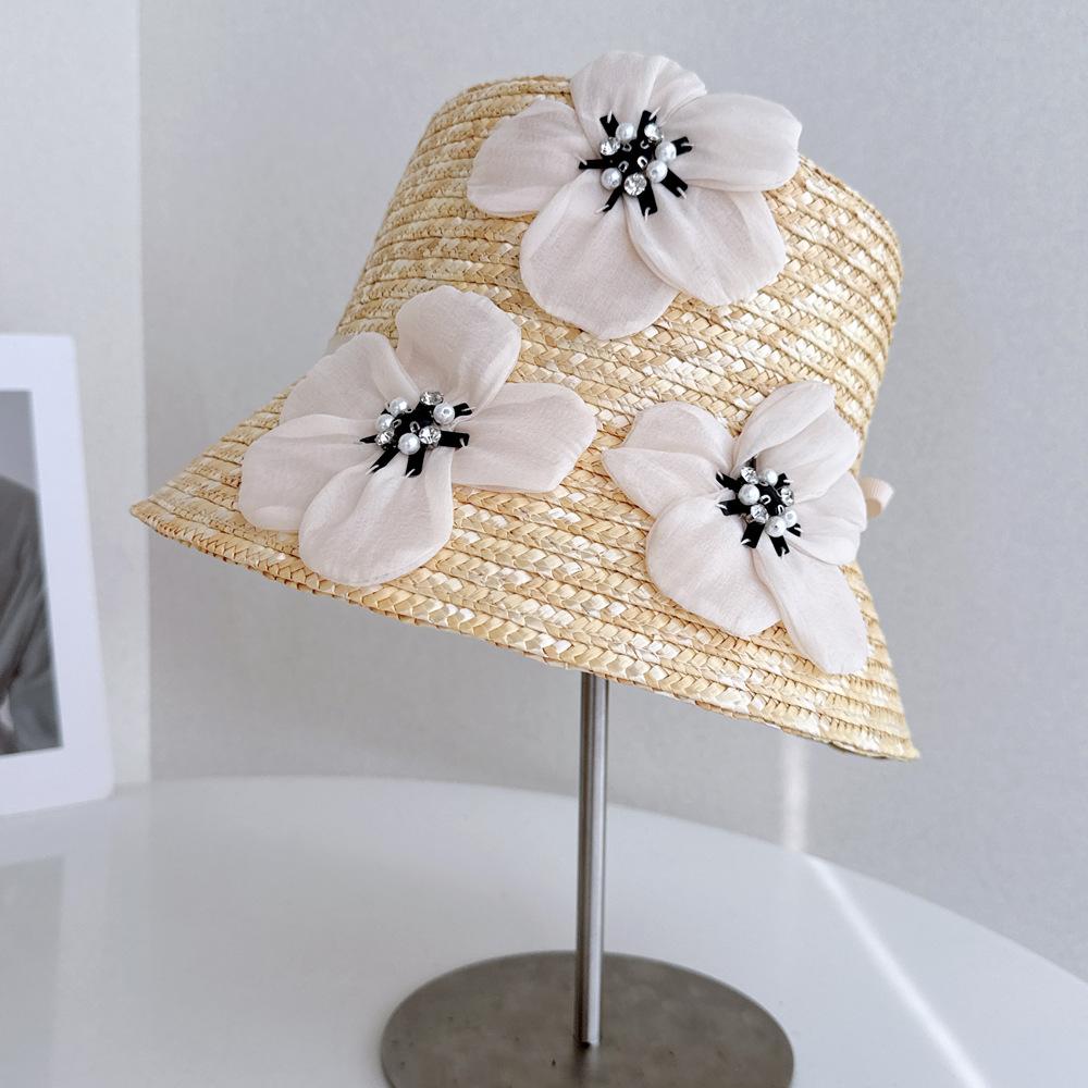 French Vacation Style Dimensional Flower Flat Wheat Straw Hat Exquisite Fashion Women Sun Protection Beach Seaside
