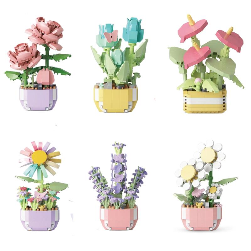 Mini Potted Flowers Building Block Sets Kids DIY Educational Toys Bonsai Tree Gardens Romantic Model Brick Kids Girl Toys