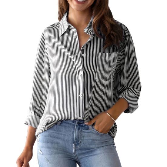Women Shirt Lapel Long Sleeve Single Breasted Shirt Tops with Patch Pocket Loose Fit Breathable Office Tops