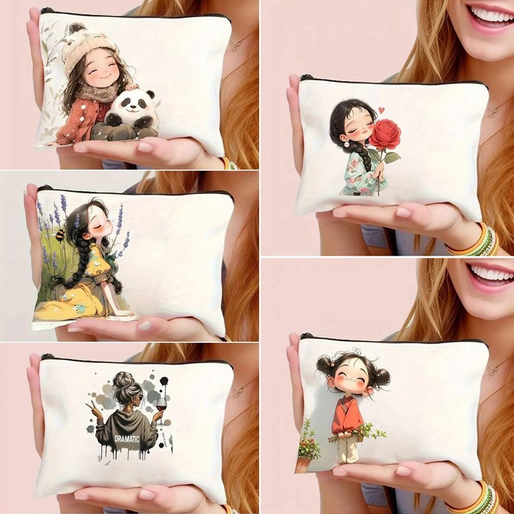 Unique Canvas Makeup Bags Zipper Closure Cute Girl Pattern Girls Cosmetic Pouch Large Capacity Storage Handbag Girls