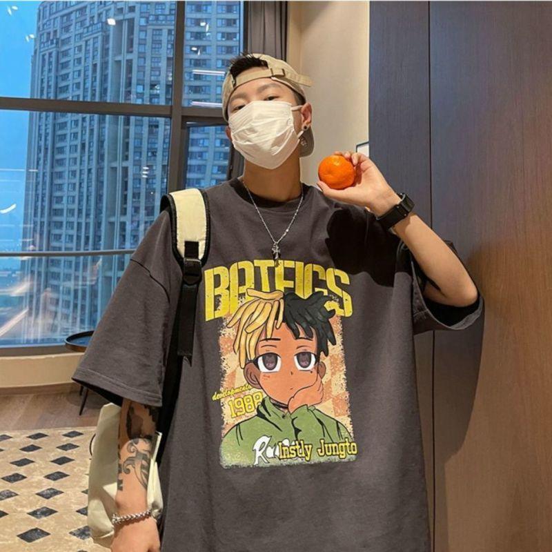 100% Cotton Ins American Style Half-sleeved T-shirt Men Short-sleeved Loose Trend Large Size Five-quarter-sleeved T-shirt Men