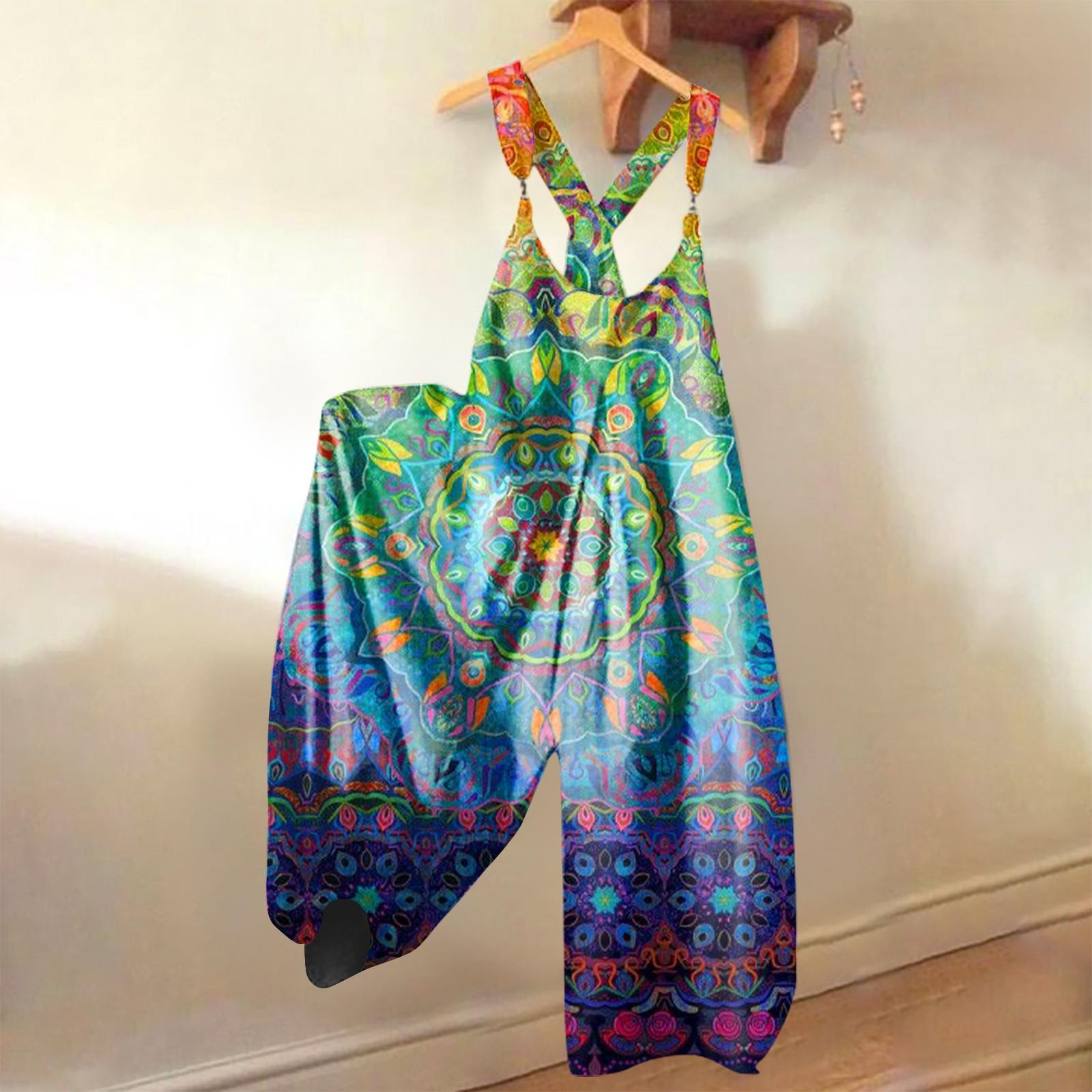 

Wide Leg Overalls For Women Casual Loose Sleeveless Jumpsuits Retro Print Metal Button Long Pant Romper Jumpsuit With Pockets M синій