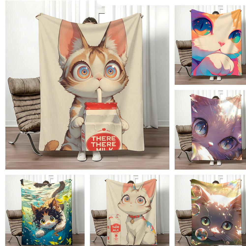 Pastel Healing Design Spiritual Cat Throw Lightweight Flannel Blanket Soft Skin-Friendly For Summer Cooling