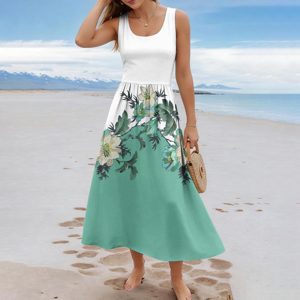Ladies' floral summer casual and fashionable sleeveless long dress