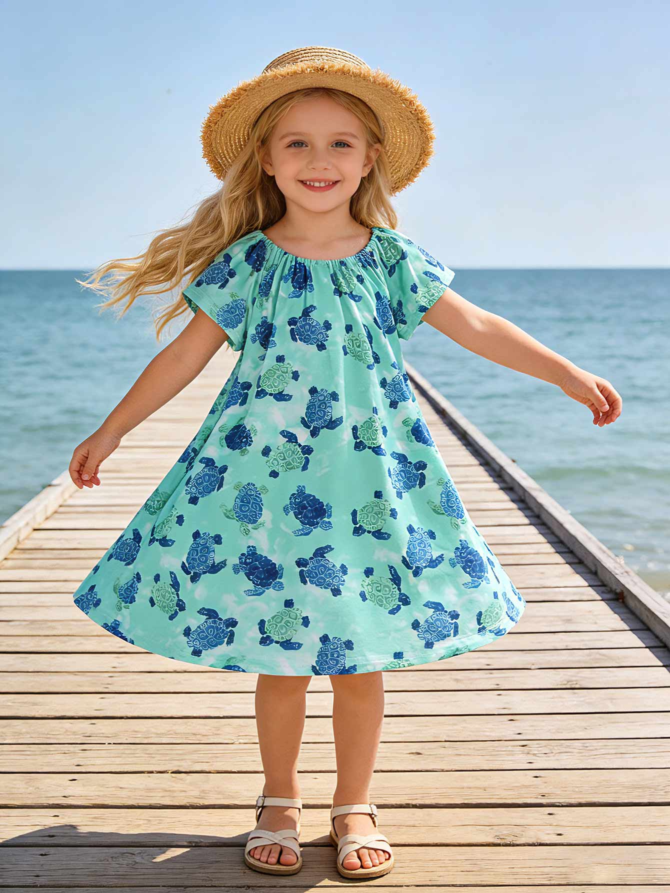 

Blue Girls Summer Dress, Comfortable and Soft A line Short Sleeve Kids Dresses 1-6Y 1Y синий