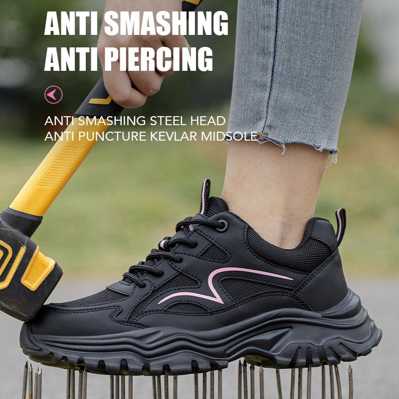Slip-Resistant Lightweight Breathable Womens Steel Toe Sneakers, Anti-Smash Anti-Puncture Work Safety Shoes For Ladies Black