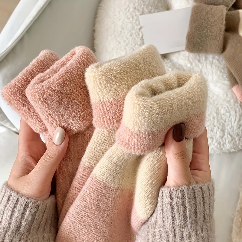 high quality4 Pairs Women'S Thick Warm Mid-Calf Socks - Soft, Comfortable Striped Design in Pink, Beige, Brown & White, Perfect for Fall/Winter,
