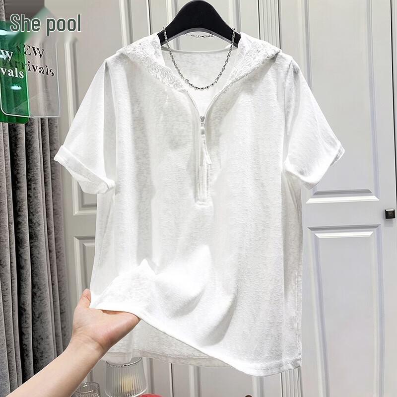 Women s French Style Lace Trim Hooded Half-Zip T-shirt One Size