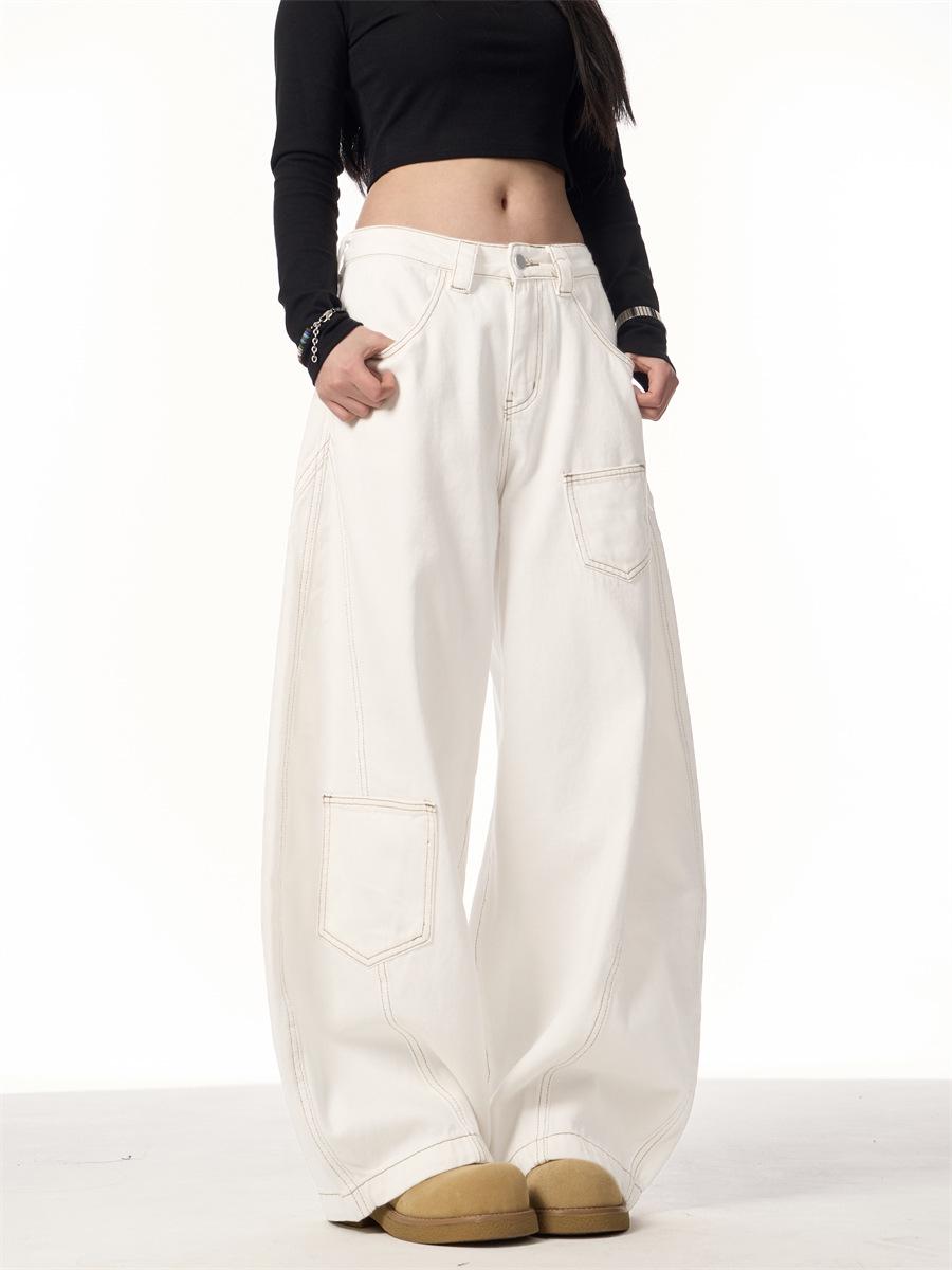 

Women s White Flared Jeans - Straight Leg, Slimming, Loose Fit, Casual High Street Style, Functional Design. Large белый