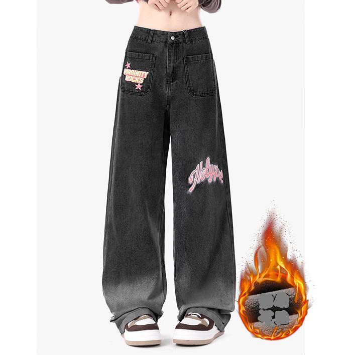 

Женские джинсы с принтом граффити, нишевый дизайн, свободные прямые повседневные американские джинсы с высокой талией L чёрный