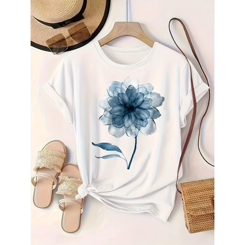 European Size Plus Size, 2026 Fashion New Women's Floral Print T-Shirt, Popular European and American Casual Round Neck Short Sleeve Top