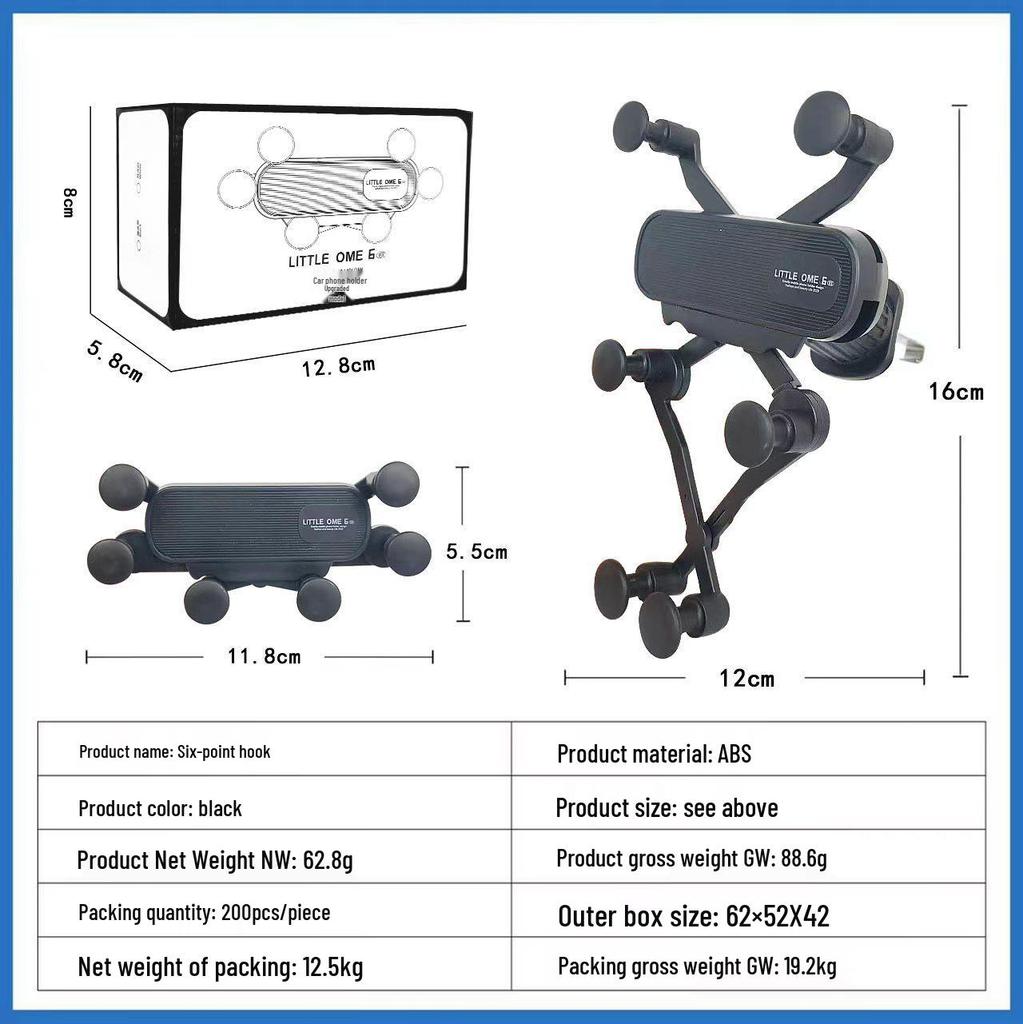 Gravity Stable Car Phone Holder with Six-Point Support, Air Vent Hook, and Unobstructed Airflow Design