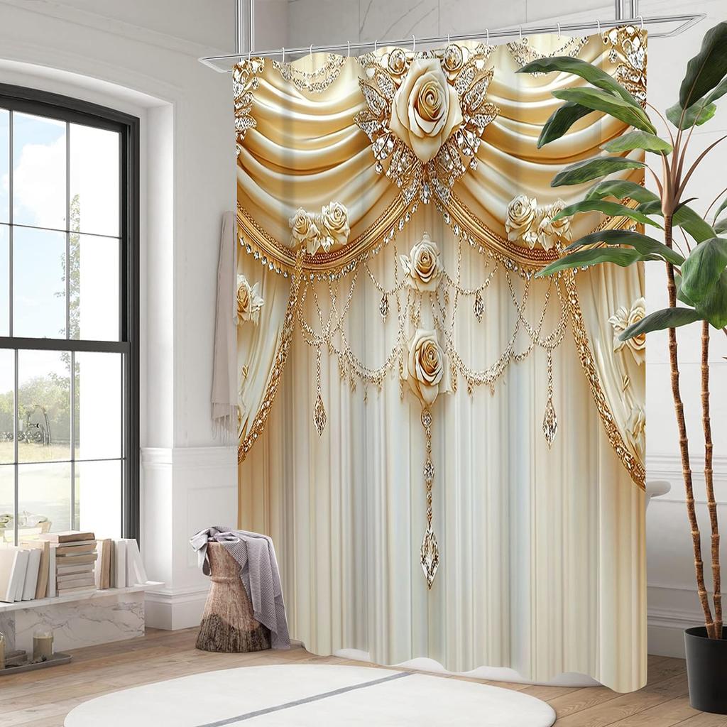 2D Gauze Curtain Printing Pink Shower Curtain, Bathroom Shower Waterproof Curtain with 12 Hooks, Home Decoration, Free Delivery