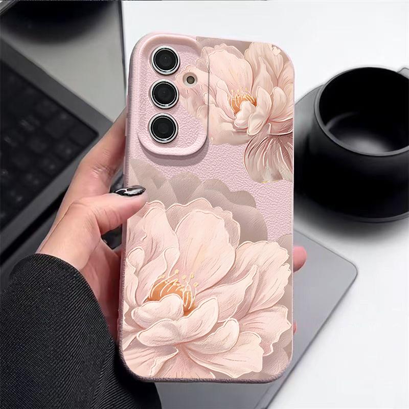 Pink Peony Floral Case For Samsung S26 Ultra S25 Edge S24 S23 Plus S22 S21 FE A15 A16 A17 A35 A36 A54 A55 A56 A57 5G Leather Texture Soft Cover