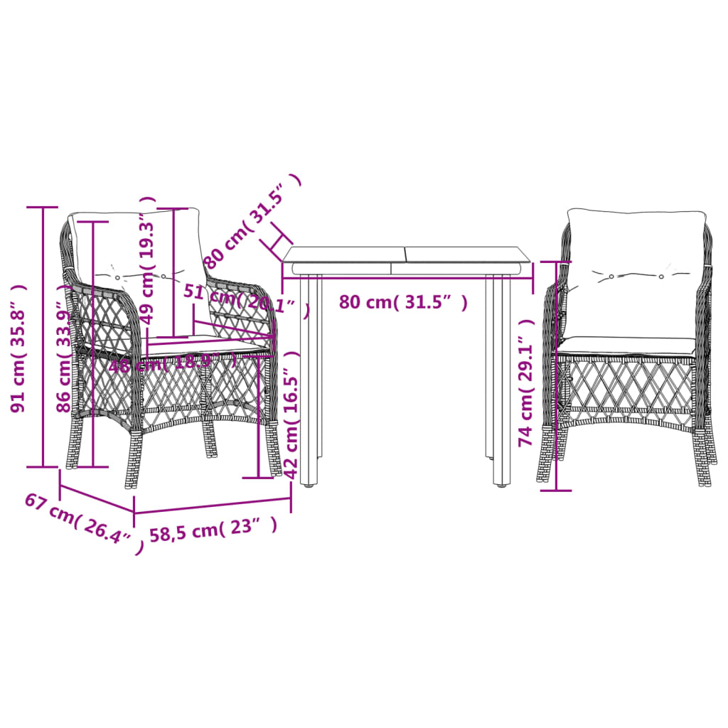 Vidaxl 3-Cz. Bistro Furniture Set with Cushions, Black, Poly Rattan