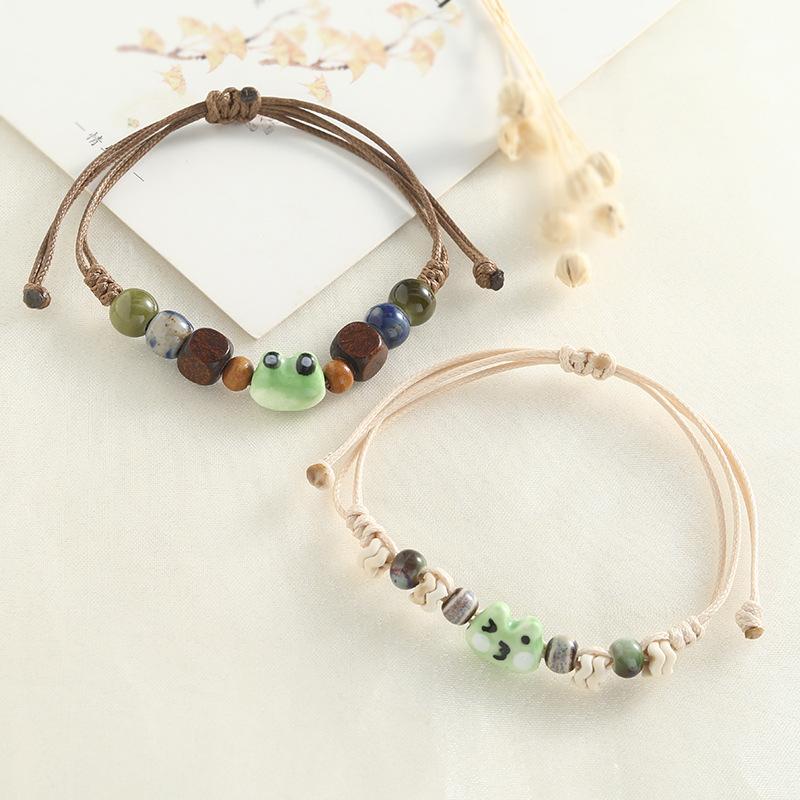 Cartoon Frog Dog Head Handwoven Hand Rope Mori Style Jingdezhen Ceramic Niche Versatile Bracelet For Women