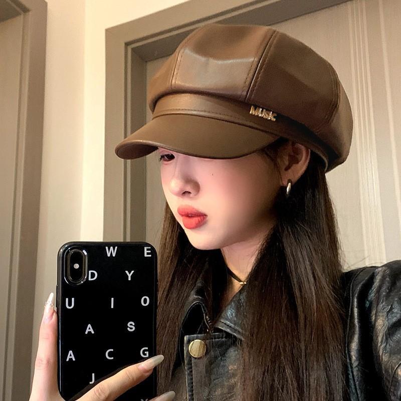 

Новый берет большого размера для женщин, осенне-зимний, ретро, восьмиугольная шляпа из искусственной кожи, металлическая этикетка, шляпа художника 56-59CM