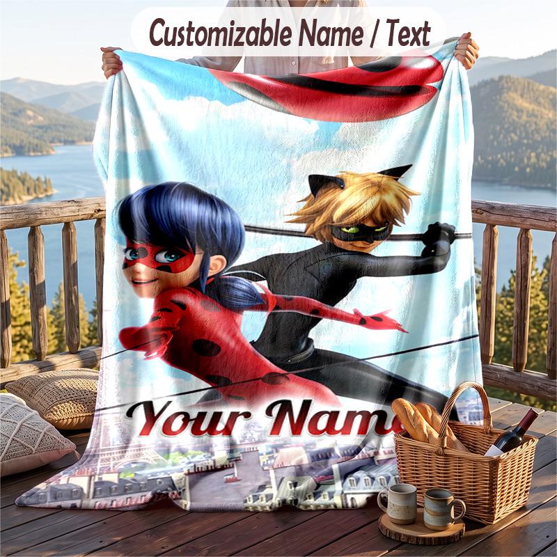 Miraculous Ladybug Flannel Blanket, Personalized Custom Name Text, Soft Warm Plush Throw Blanket For Gift