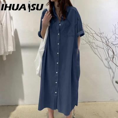 Women's Fashion Summer Spring Solid Color Print Short Sleeve POLO Neck High Waist Casual Dresses