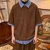 Oversized Men Stitching Lapel Neck Short Sleeve Plaid Print Casual Texture T-shirts Tops