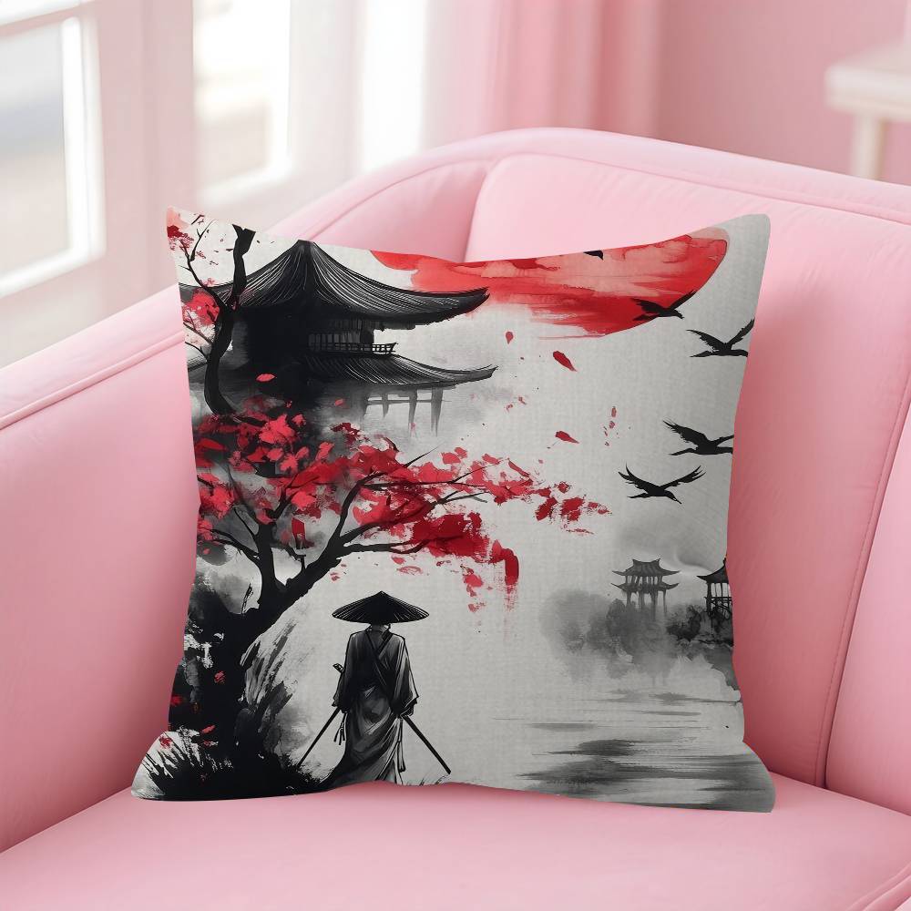 Landscape Samurai Geisha Bonsai Torii Gate Sakura Pillow Cover For Bedroom Room And Living Room Sofa Decorative Cushion Cover