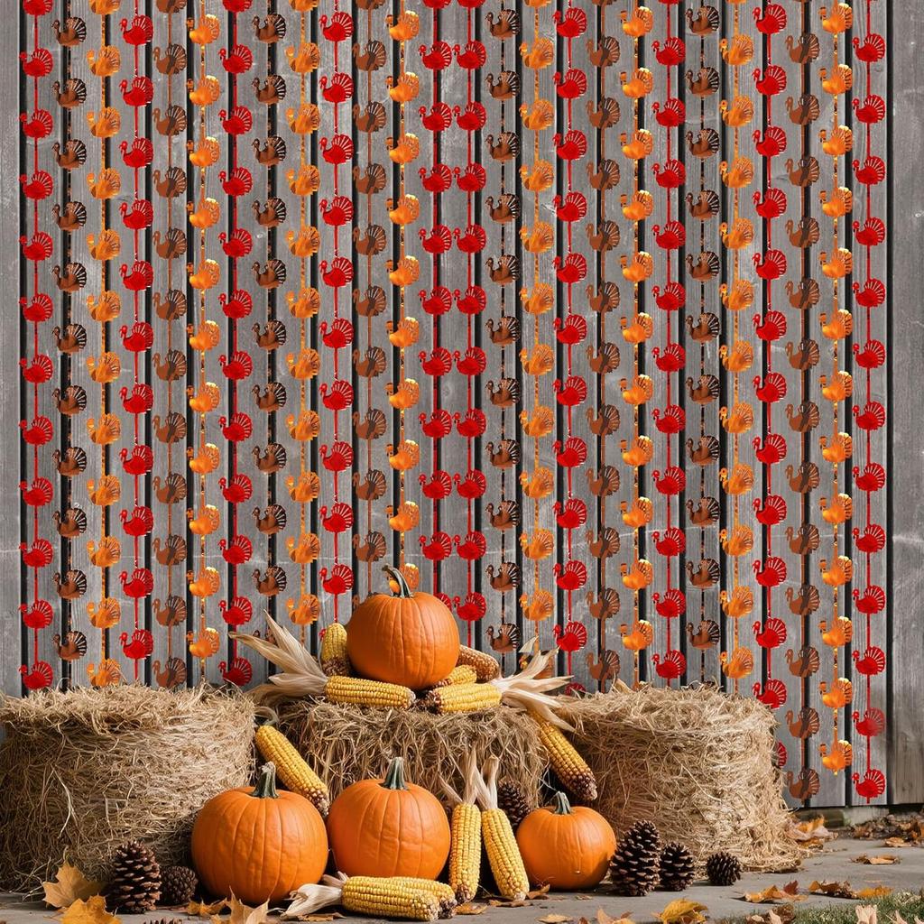 Thanksgiving Decorations, 2 Pack 3.3 x 6.6 Ft Red Orange Brown Turkey Metallic Tel Foil Fringe Curta Streamers Backdrop for Fall Thanksgiving
