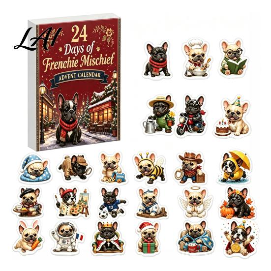 Holiday Party Favors 2D Acrylic French Bulldog Christmas Advent Calendar Surprising Box Ornament Pendants Set Cute Xmas Countdown Hanging Charms for
