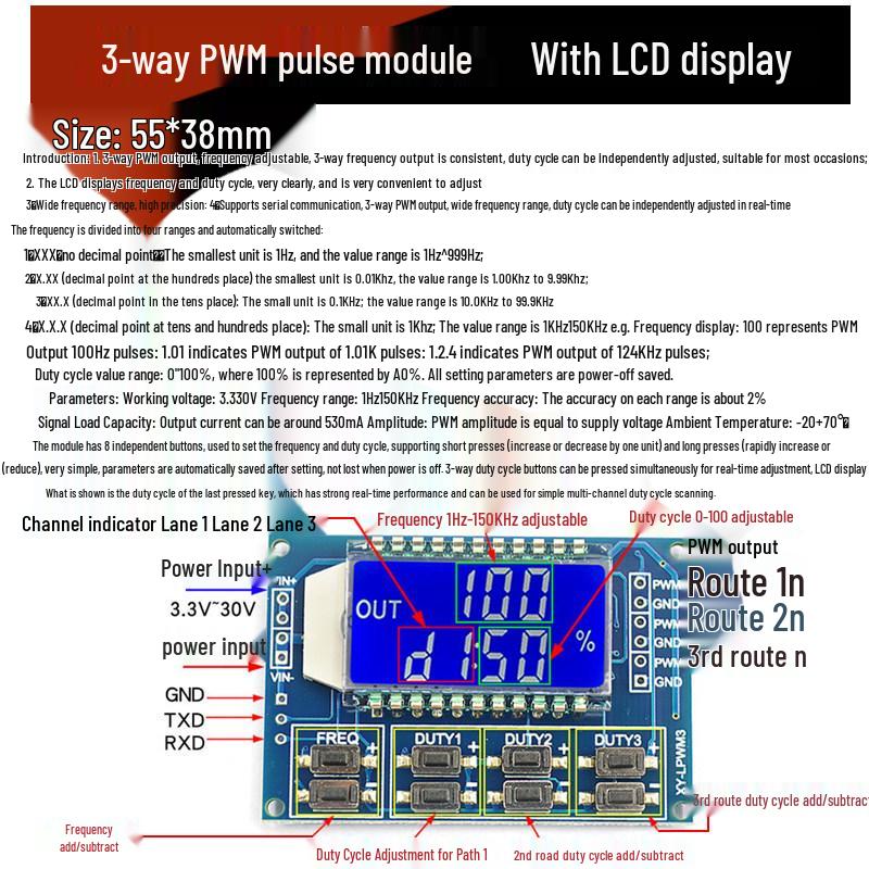 Adjustable Digital Display PWM Signal Generator Module, 1/2/3 Channel, kHz Frequency Square/Rectangular Wave