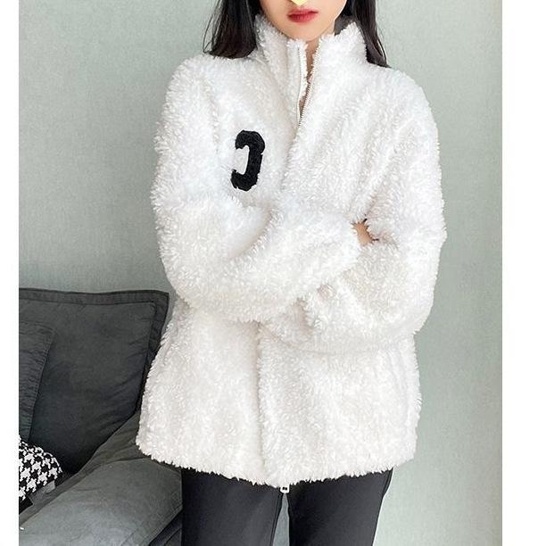 Home Stand-up Collar Plush Jacket for Women's Tide Autumn and Winter Casual Outer Wear Fleece Thickened Double-sided Coral Fleece Thermal Sweater