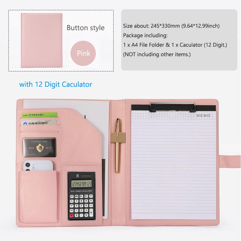 A4 Business Padfolio Filmappe for dokumentholder Utklippstavle Mappekalkulator PU Lær Organizer Møte Skriveblokk Kontor