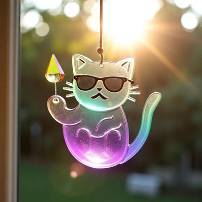 1/6 Stuks Zonnebril Kat Zonenvanger Decoratie Binnen Buiten Tuin Muur Raam Hangend Cartoon Kitten Ornament 2D Vlak Acryl Dier Hanger