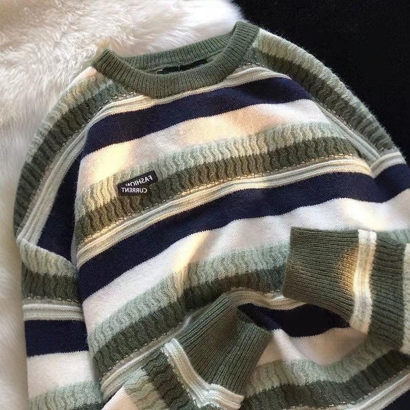 Unisex Striped Crew Neck Knitted Sweater - Autumn/Winter Trend, Hong Kong Style, Loose Fit, Versatile and Cozy.